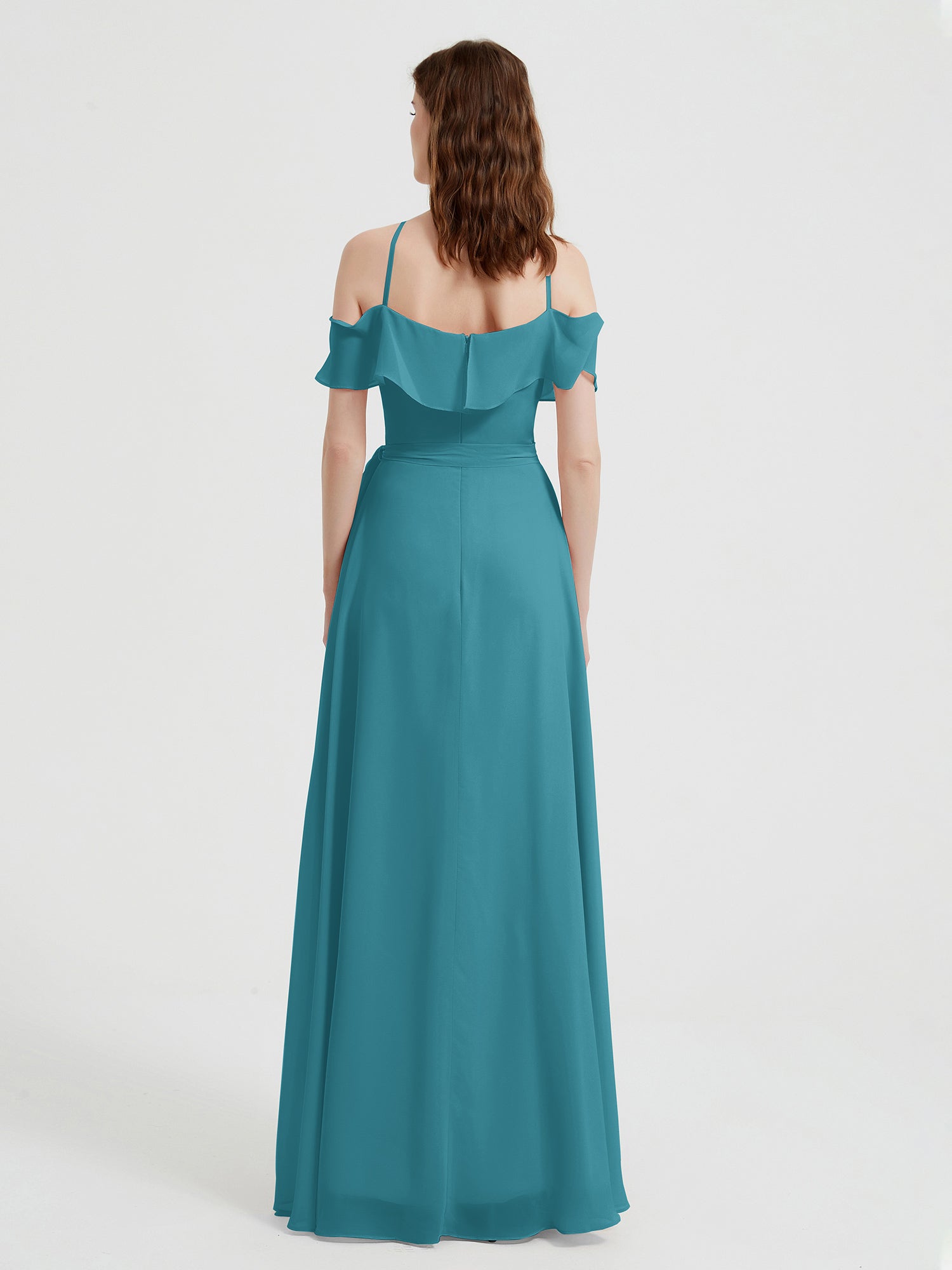 Y Neck Chiffon Dress with Ruffles Sleeves Jade